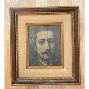 Vintage Framed Rembrandt Portrait Print Linen Mat Gold Wood Frame 13.5×15.5"